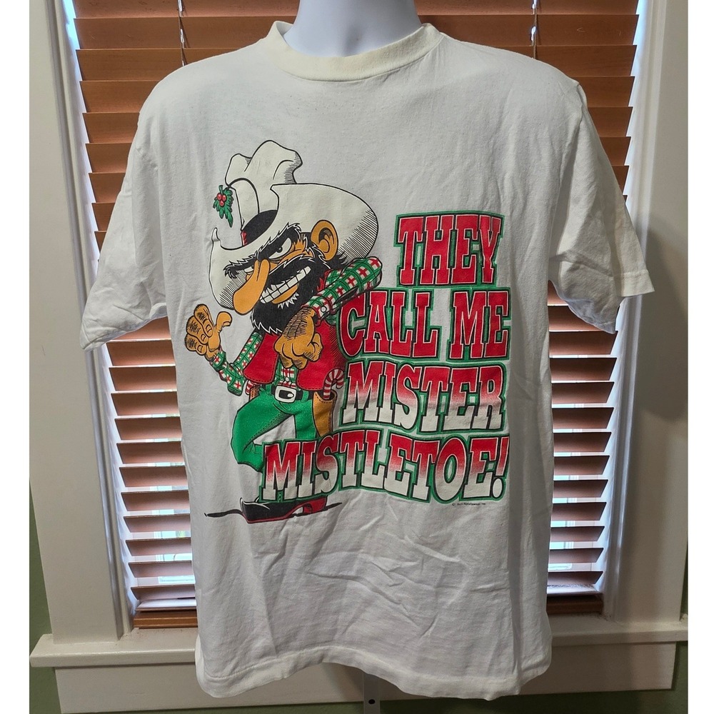 Vintage Sun Sportswear Mister Mistletoe Cowboy Christmas T-Shirt White Large